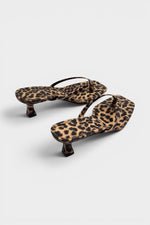 Cheetah print thong mule heels with matching insoles and kitten heels.